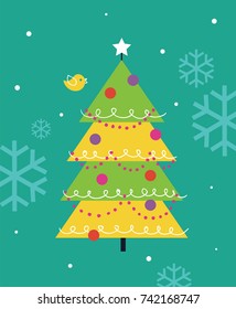 Vector art illustration of stylized graphic Christmas tree with star on top against a green snowflake pattern background