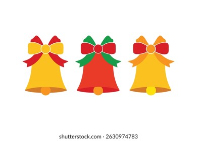 Vector art illustration of three assorted Christmas bells with ribbons and bows