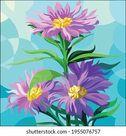 Vector art illustration of three purple flower stalks with leaves