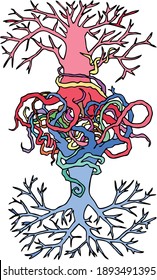 Ilustración vectorial de raíces de árbol que se mezclan con otras raíces de árbol