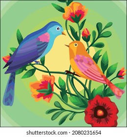 Vector art illustration of two birds perching on a tree branch
