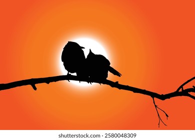 Vector art illustration of two birds perched on a branch against a glowing sunset. This silhouette design is perfect for wall art, greeting cards, t-shirts, digital backgrounds and posters.