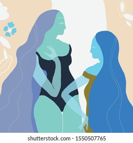 Vector art illustration. Two girls talk to each other. Abstract image.