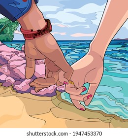 Vector art illustration of two hands of a couple who are on the beach holding on affectionately