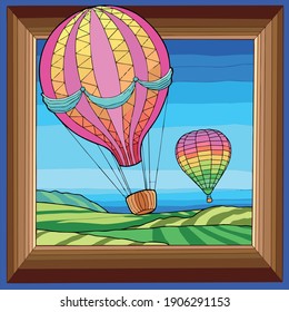 Vector art illustration of two hot air balloons over savanna fields