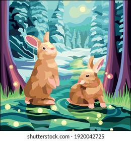 Vector art illustration of two rabbits playing in their habitat