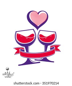 Vector art illustration of two simple wineglasses with loving hearts. Wedding theme graphic design object,?? stylized goblet with wavy ribbon.