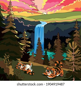 Ilustración vectorial de dos niños tigres frente a la cascada junto con la puesta de sol