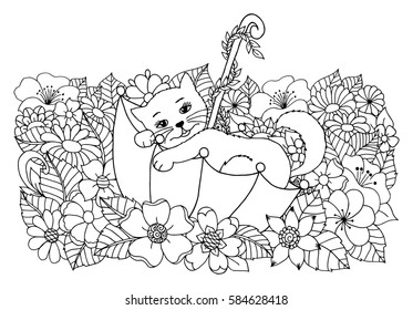 Vector art illustration umbrella among the flowers in which the kitten has climbed. Work done by hand. Book Coloring anti-stress for adults and children. Black and white.