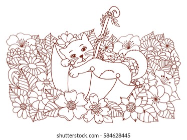 Vector art illustration umbrella among the flowers in which the kitten has climbed. Work done by hand. Book Coloring anti-stress for adults and children. Brown and white.