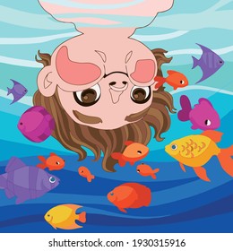 Vector art illustration of various kinds of small fish in the pond seen by small children