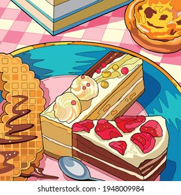 Vector art illustration of very delicious pieces of cake