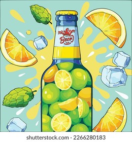 Vector art illustration of a very fresh bottle of lemon beer