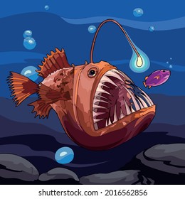 Ilustración artística de un pez lámpara muy grande en el agua