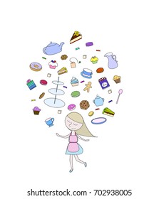 A vector art illustration of a waitress girl serving food with flying food, tea, cakes, sweets, desserts, teacup, muffins, macaroons on the white background.