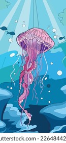 Vector art illustration wallpaper depicting jellyfish under the sea