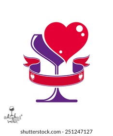 Vector art illustration of wineglass with two loving hearts, wedding couple concept. Alcohol theme graphic elements, stylized goblet with decorative curvy ribbon, eps8.