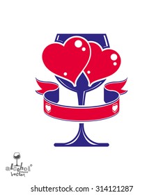 Vector art illustration of wineglass with two loving hearts, wedding couple concept. Alcohol theme graphic elements, stylized goblet with decorative curvy ribbon, eps8.