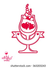 Vector art illustration of wineglass with two red loving hearts. Alcohol theme object,?? stylized goblet with wavy ribbon, best for use in graphic design.