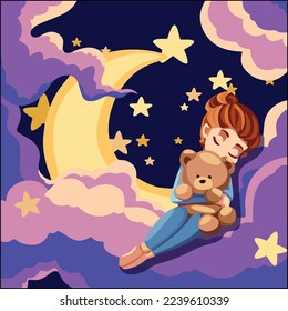 Vector art illustration of a woman hugging a doll on a crescent moon among the clouds