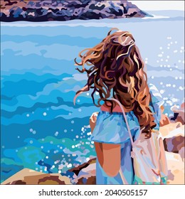 Vector art illustration of a woman looking at the rocks in the wide ocean