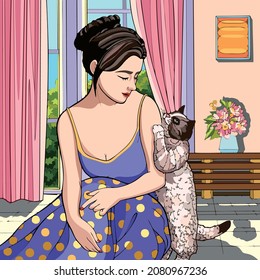 Vector art illustration of a woman playing with her cat