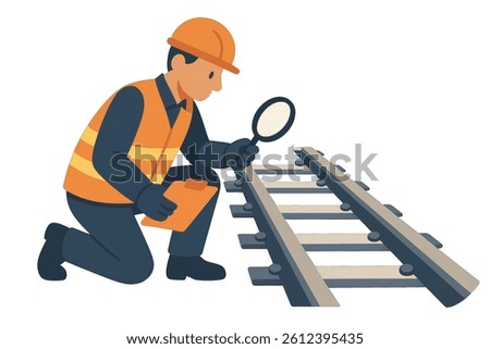 Vector art illustration of a worker examining railway tracks in a flat design style
