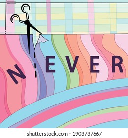 Vector art illustration writing "never" becomes "ever"