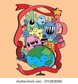 Vector art illustrations assorted cartoon doodle characters