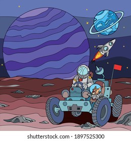 Vector art illustrations of astronauts riding on the moon