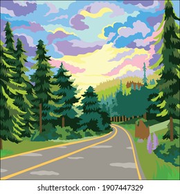 Vector art illustrations of beautiful scenery accompanied by spruce by the roadside