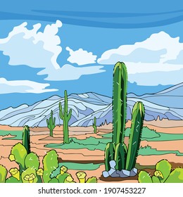 Vector art illustrations of beautiful scenery accompanied by cactus trees around it