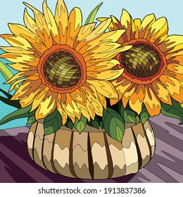 Ilustraciones de arte vectorial de girasoles florecientes
