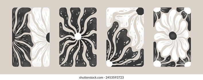 Vector art illustrations collection of vintage prints with abstract black and white flowers isolated on grey background. Floral monochrome design templates for poster print, invitation, card