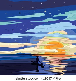 Vector art illustrations of fishermen who are rowing their boats in front of the sunset