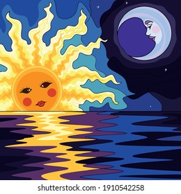 Vector art illustrations of the moon and sun seen on the high seas