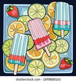 Vector art illustrations of various kinds of fruit ice cream