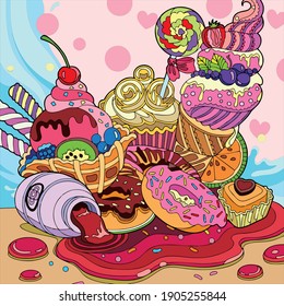 Vector art illustrations of various kinds of food, there are ice cream and donuts, and others