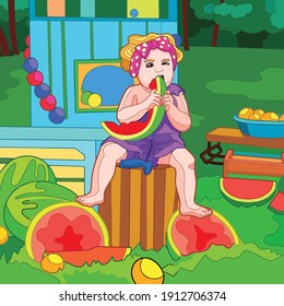 Vector art illustrations of young children sitting in the park while eating pieces of watermelon fruit