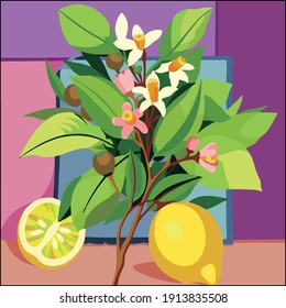 Vector art illustrator lemon with its flowering tree