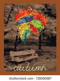 Vector art image of the autumn landscape with bench and fallen leaves. Design fall illustration with sign