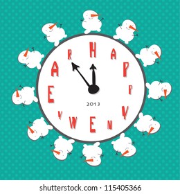 Vector art. Images greater than hours, instead of the numbers the letter "Happy New Year". / Dancing snowmen