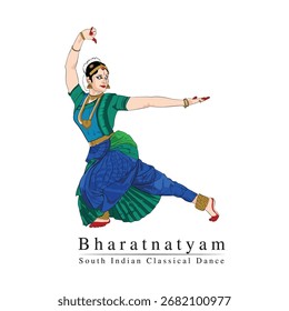 Vector art of Indian Classical Dance, Beautiful woman performing Bharatanatyam, Vector illustration of South Indian lady