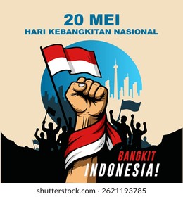 Vector art of Indonesian National Awakening Day (Hari Kebangkitan Nasional). Raised fist with red-white flag, crowd silhouette, patriotism, and national spirit. Perfect for banners and posters.