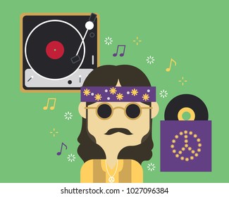Vector Art, Info Graphic, Illustration, Listen 60's, Retro, Vintage, Psychedelic, Music, Love and Peace, Technology