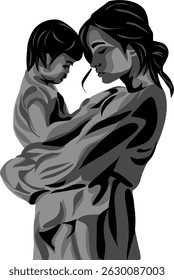 vector art of inseparable love between mother and child, mother holding child, side view