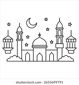 Vektorkunst der islamischen Moschee mit Mond und Laternen