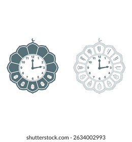 Arte vetorial do relógio islâmico dos tempos de oração com caligrafia árabe isolada na ilustração de fundo branco