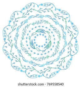 Vector art, isolated on white background. Hand drawn design, stylized blue watercolor mandala. Wild flower, herbal elements, different in each illustration