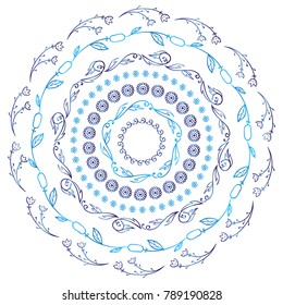 Vector art, isolated on white background. Hand drawn design, stylized blue watercolor mandala. Wild flower, herbal elements, different in each illustration
